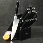 Babish - Juego de cubertería de acero alemán de alto carbono 1.4116, 15 piezas, forjado de espiga completa, con bloque d