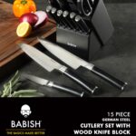 Babish - Juego de cubertería de acero alemán de alto carbono 1.4116, 15 piezas, forjado de espiga completa, con bloque d