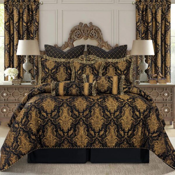 Juego de edredón jacquard damasco 9 piezas TOPLUXE Loom and Mill LM-FlorenceBK-Queen Queen negro ultra suave con fundas