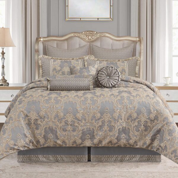 Juego edredón jacquard 9 piezas TOPLUXE LM-Empress-King diseño damasco tamaño King falda de cama fundas europeas almohad
