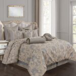 Juego edredón jacquard 9 piezas TOPLUXE LM-Empress-King diseño damasco tamaño King falda de cama fundas europeas almohad