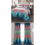 Juego de Edredón Reversible Bohemio Algodón Lush Decor 3 Piezas King Turquesa Azul Marino con Cortinas Cachemira 84x52