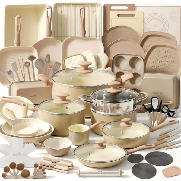 Batería de cocina juego de ollas y sartenes NutriChef NCCW75TBR 75 piezas antiadherente de cerámica con utensilios molde