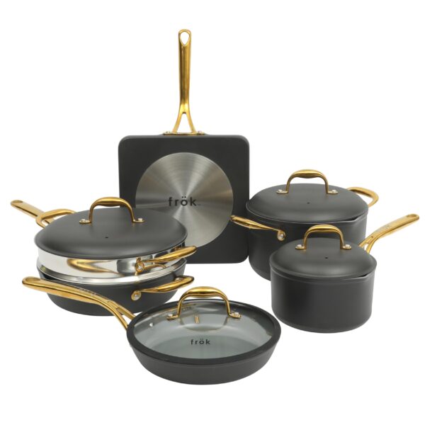 Batería de cocina Gibson Overseas Inc 146393.10R Frok de aluminio de 4 mm 10 piezas con antiadherente de cerámica libre