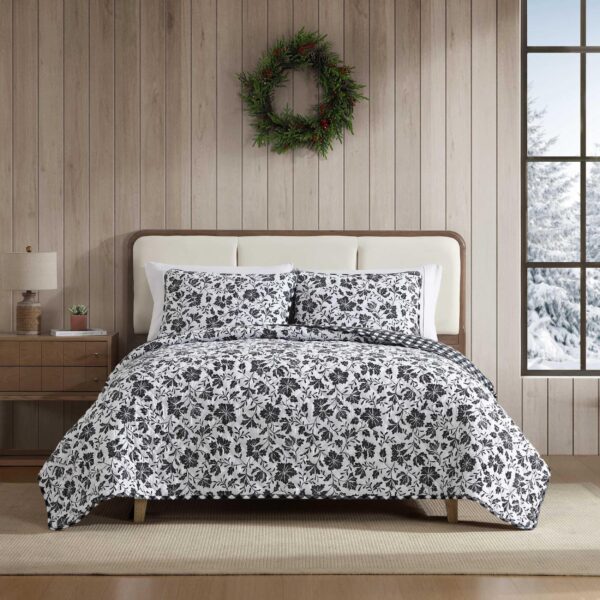 Juego de edredón Eddie Bauer Revman International USHSA91311155 King ropa de cama suave estampado floral Woodblock negro