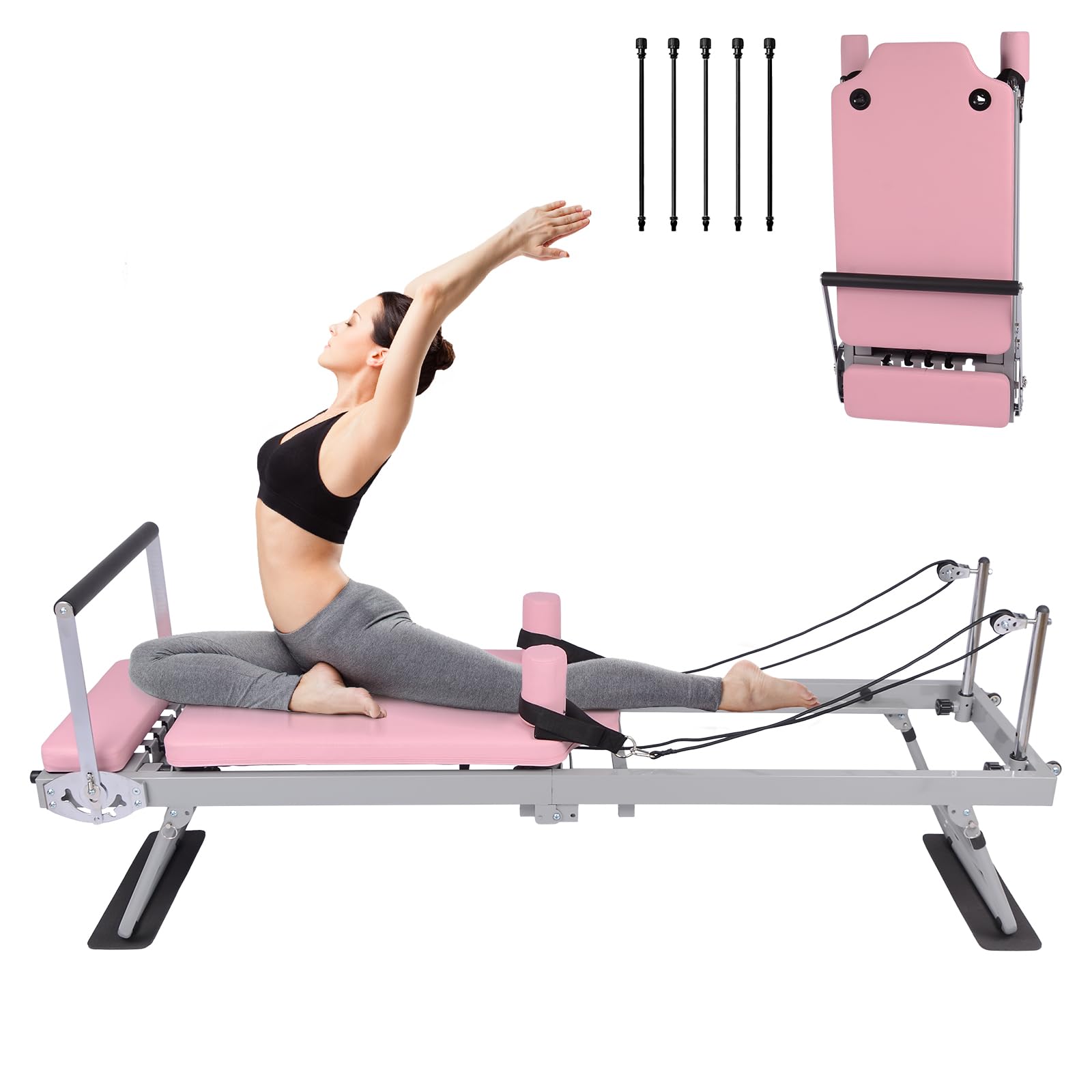Version 1.0.0 Equipo de la máquina de Pilates Reformer Rosa,Pilates reformador casero plegable con cables de resistencia para entrenam