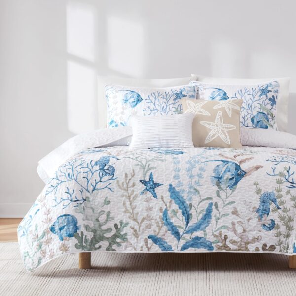 Juego de edredón Lush Decor Oceana Triangle Home Fashions EOWQT5PCKCL acuarela vida marina 5 piezas tamaño King Cal King
