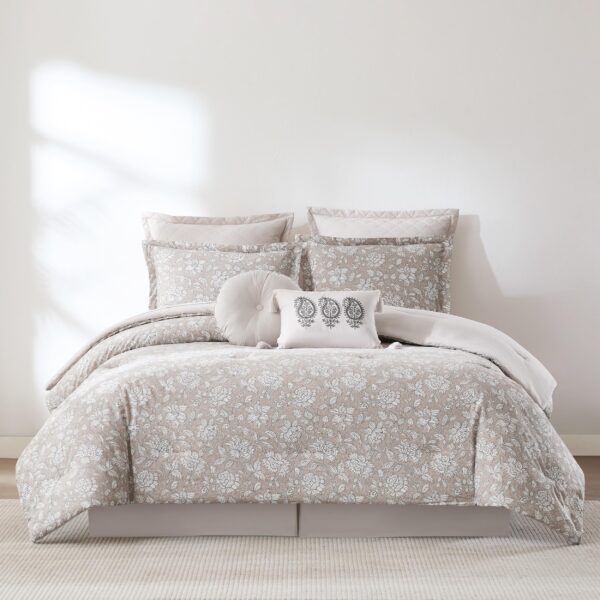 Juego de edredón floral Zara algodón 8 piezas Triangle Home Fashions EZFCS8PCKN King marrón con falda de cama bohemio