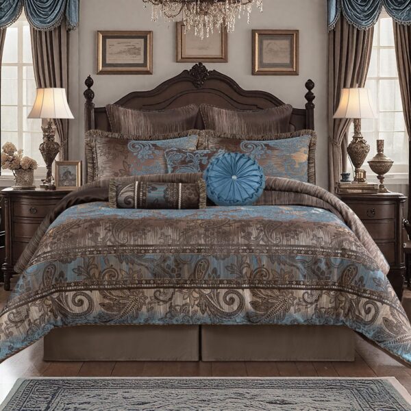 Juego de edredón paisley jacquard vintage 9 piezas TOPLUXE LM-Mehrangarh-King King con fundas europeas ropa de cama para