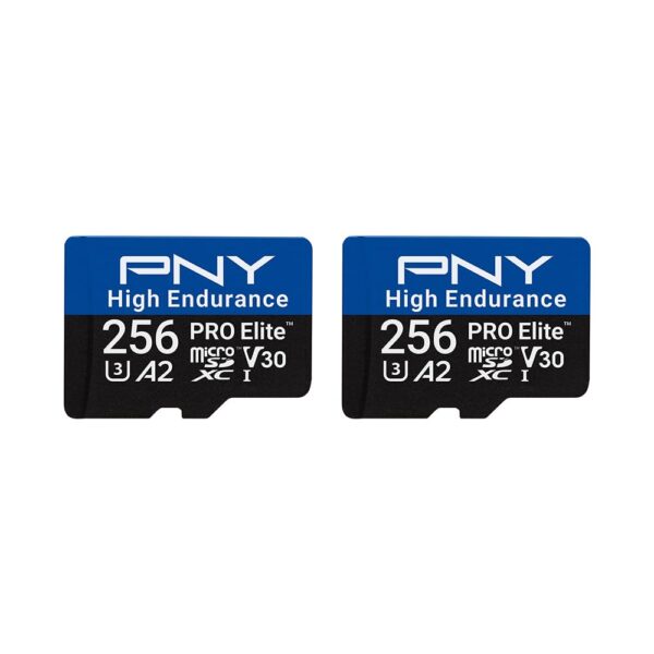 PNY 256GB PRO Elite™ de alta resistencia C10 U3 V30 A2 microSDXC – Hasta 68.8K horas de grabación continua, hasta 100/90