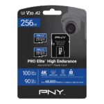PNY 256GB PRO Elite™ de alta resistencia C10 U3 V30 A2 microSDXC – Hasta 68.8K horas de grabación continua, hasta 100/90