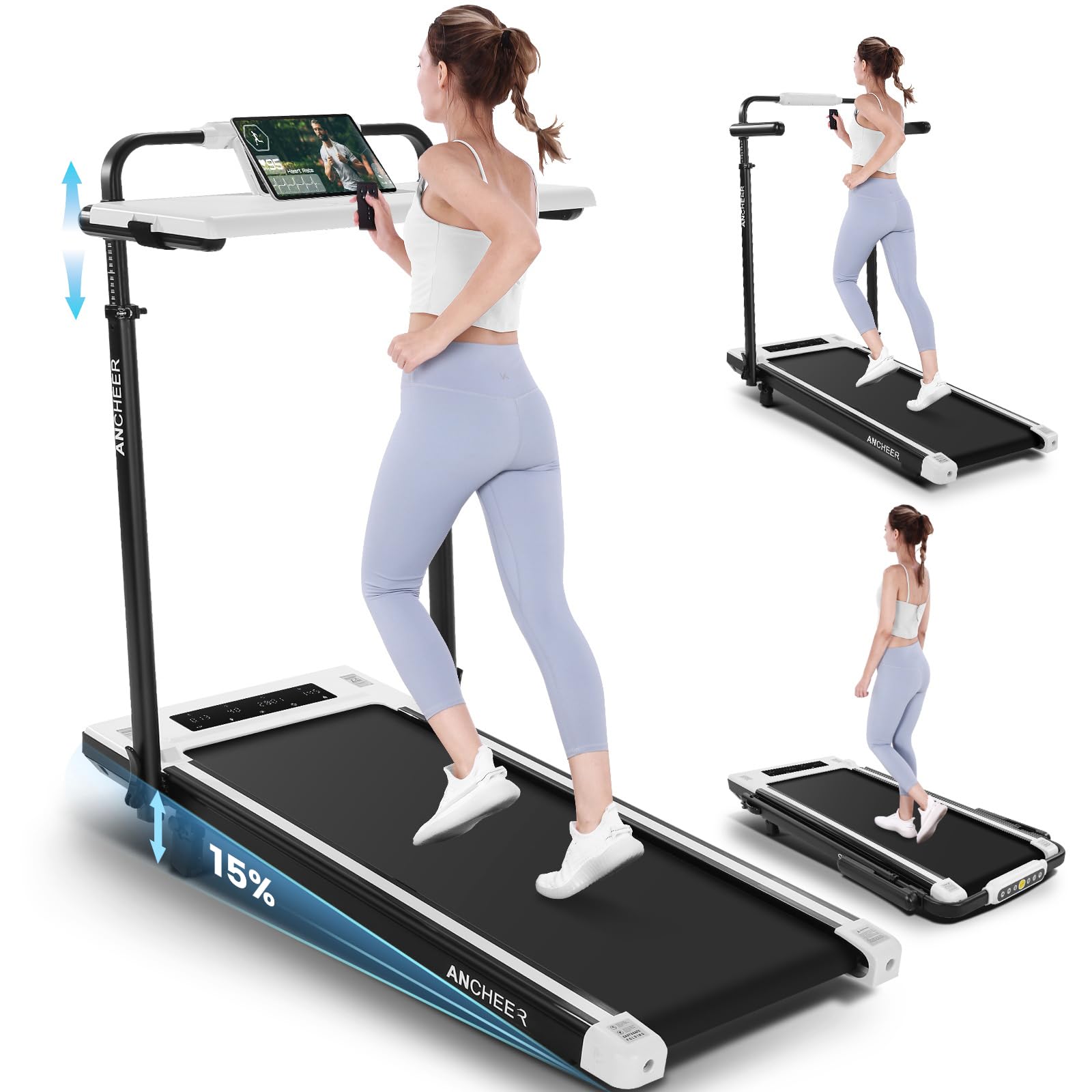 Version 1.0.0 Cinta de correr plegable ANCHEER 3.5HP inclinación 12% 15% con barra de mano para escritorio capacidad 320 450 lb