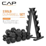 CAP Barbell Juego de mancuernas hexagonales recubiertas de 150 libras con estante vertical | Múltiples opciones