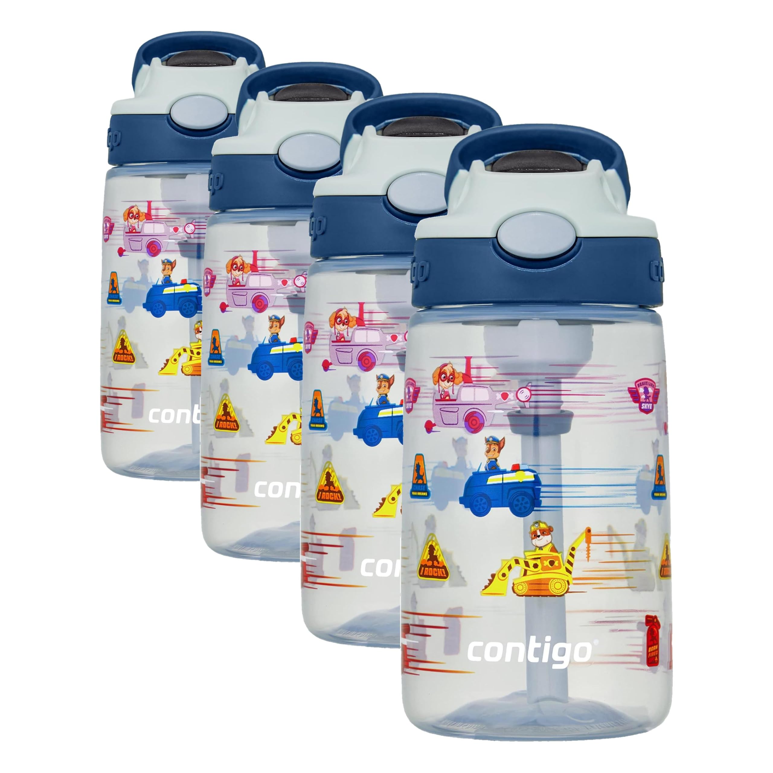 Version 1.0.0 Paquete de 4 botellas de agua para niños Contigo Aubrey 2191268 antiderrames con popote de silicón 14 oz diseño dinosaur
