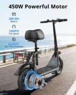 Gyroor Patinete eléctrico para adultos y adolescentes con asiento, motor de 450W, batería estable mejorada, rango de 20