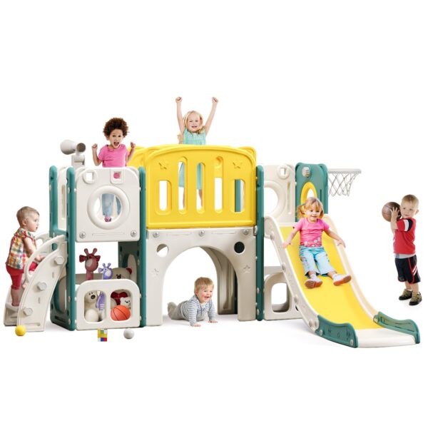 Juego de toboganes 8 en 1 para niños pequeños, tobogán para niños pequeños, juego de tobogán escalador con aro de balonc
