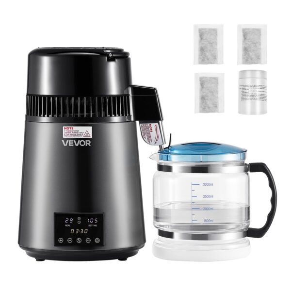 Destilador de agua VEVOR YMK40207 de 4 litros y 750W con jarra de vidrio e interior de acero inoxidable para hogar