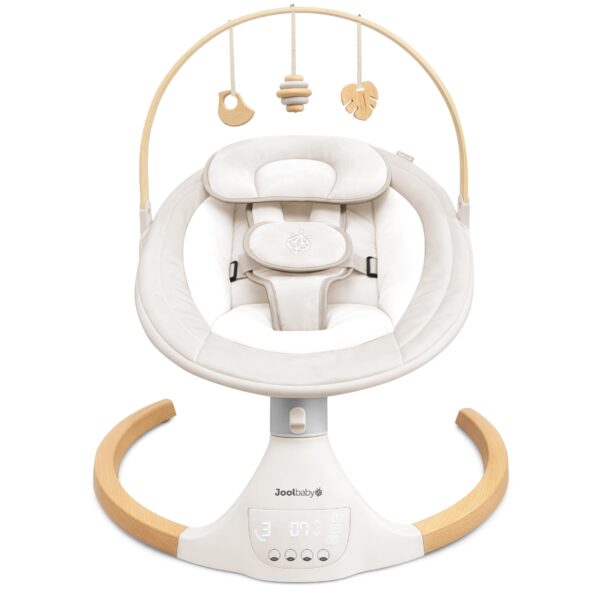 Jool Baby Nova Nature Columpio de bebé para recién nacidos con juguetes de madera natural, columpio motorizado eléctrico