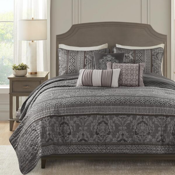 Juego de colcha Bellagio Jacquard gris Madison Park E&E Co. Ltd DBA JLA Home MP13-8781 104x94 pulgadas diseño damasco 6