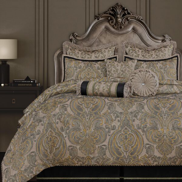 Juego de edredón York TOPLUXE LM-York-Queen jacquard damasco antiguo tamaño Queen 9 piezas con fundas euro y faldón de c