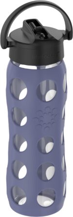 Botella de agua de vidrio Thermos Lifefactory LG4331BDP4 22 oz con tapa de popote giratorio y funda de silicona morado p