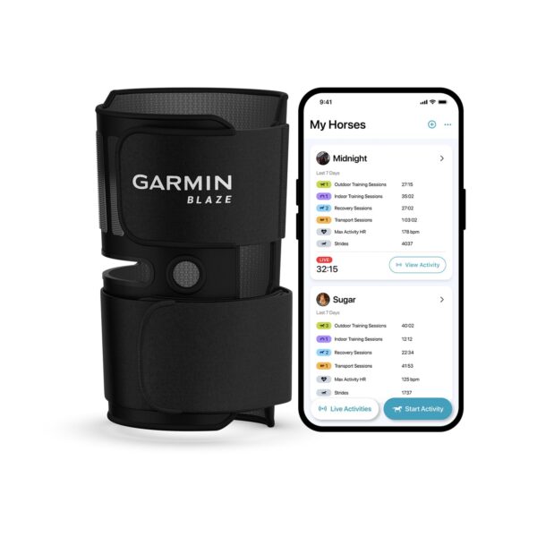 Garmin® Sistema de bienestar equino Blaze™, envoltura de cola fácil de usar y sensor, información sobre salud y bienesta