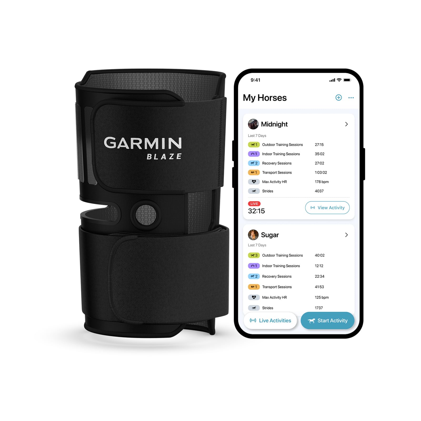 Version 1.0.0 Garmin® Sistema de bienestar equino Blaze™, envoltura de cola fácil de usar y sensor, información sobre salud y bienesta