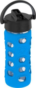 Botellas de agua de vidrio Thermos Lifefactory LG4131BCB4 355 ml 12 oz con tapa de popote y funda de silicón azul cobalt