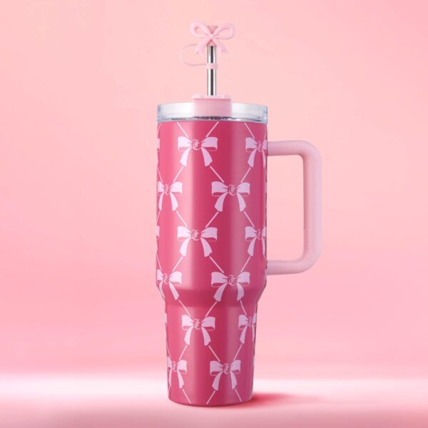 Vaso Térmico con Asa y Popote Juicy Couture Jetsetter YMF Carpets Inc JYH034244 40 Onzas Diseño de Lazos Rosas