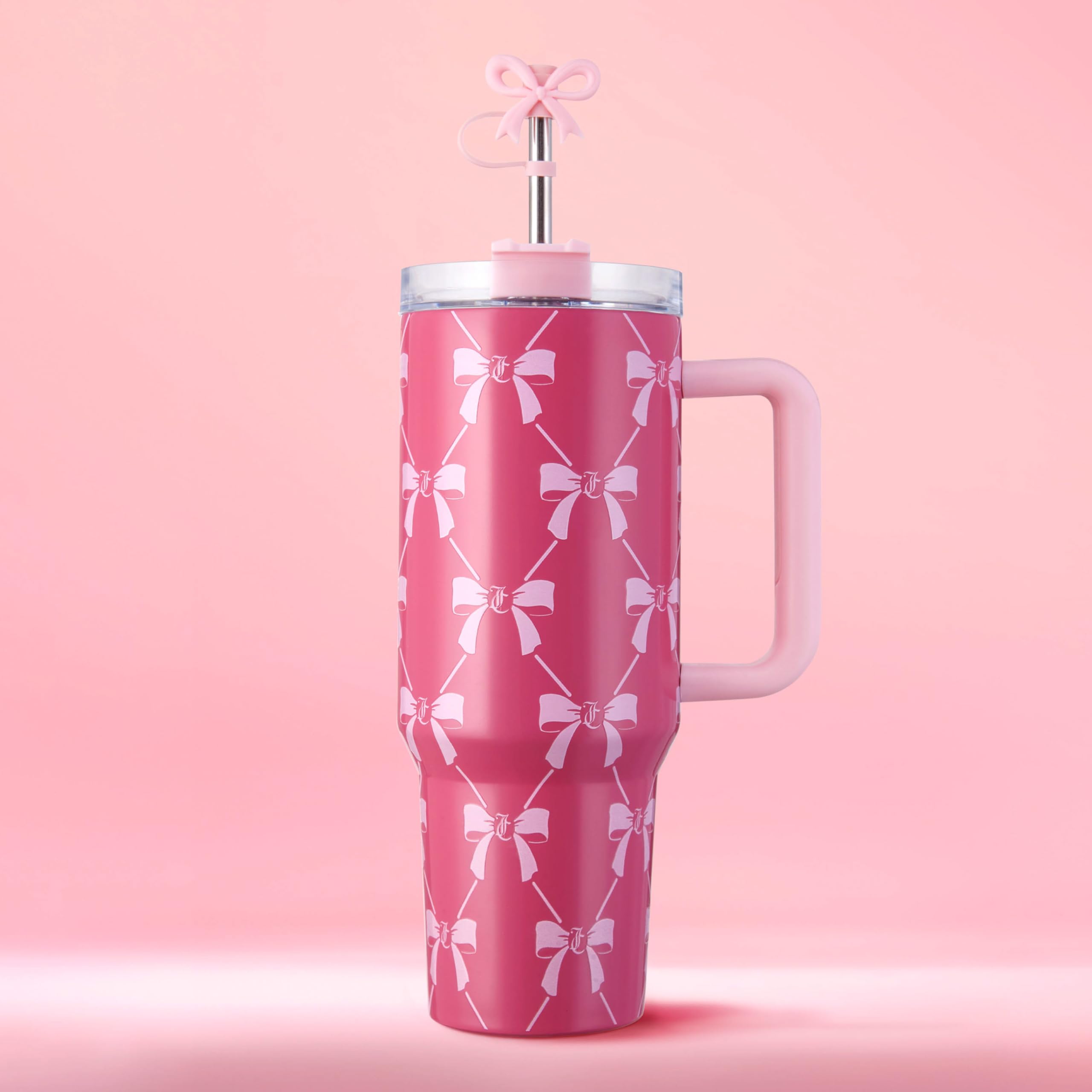 Version 1.0.0 Vaso Térmico con Asa y Popote Juicy Couture Jetsetter YMF Carpets Inc JYH034244 40 Onzas Diseño de Lazos Rosas