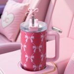 Vaso Térmico con Asa y Popote Juicy Couture Jetsetter YMF Carpets Inc JYH034244 40 Onzas Diseño de Lazos Rosas