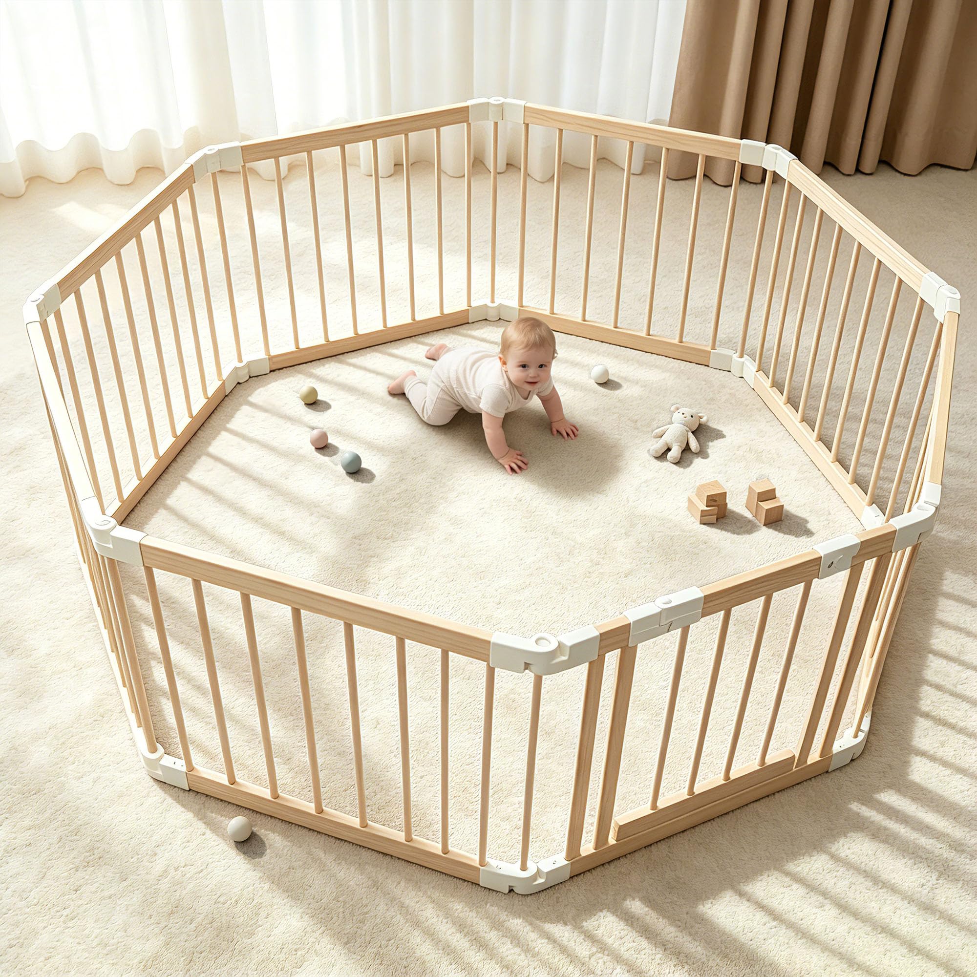 Corralito de juegos para bebés, corralito de madera para bebés y niños pequeños, área de juego plegable con cerradura a