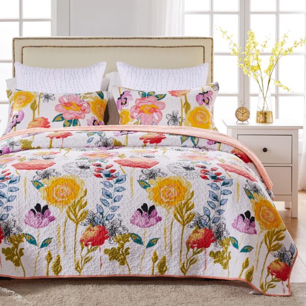 Juego de ropa de cama floral acuarela algodón Greenland Home Fashions GL-1408AMSKES 5 piezas King Cal King blanco con fu