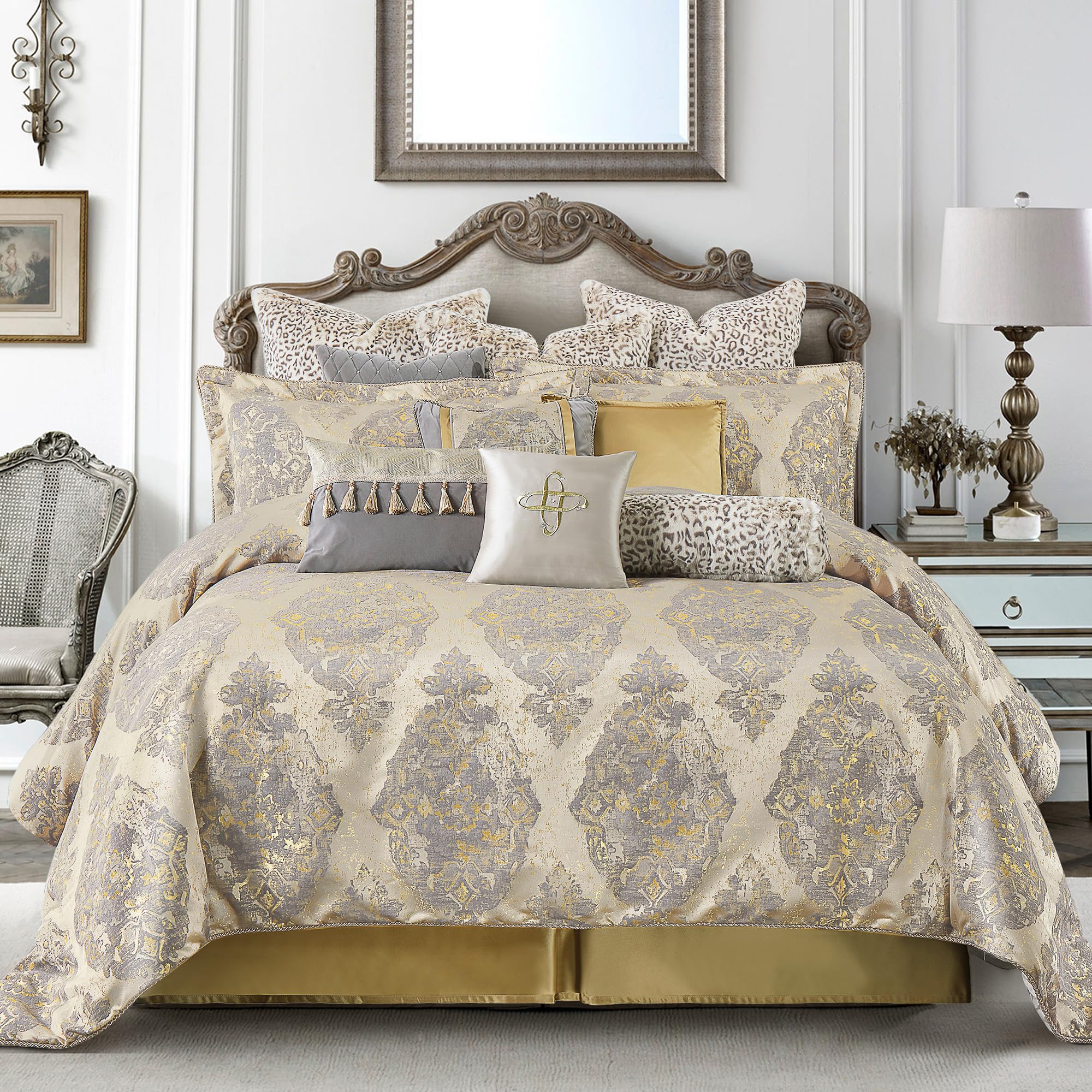 Version 1.0.0 Edredón jacquard damasco TOPLUXE LM-9Rome-Queen juego 9 piezas todas las estaciones fundas europeas falda de cama Queen