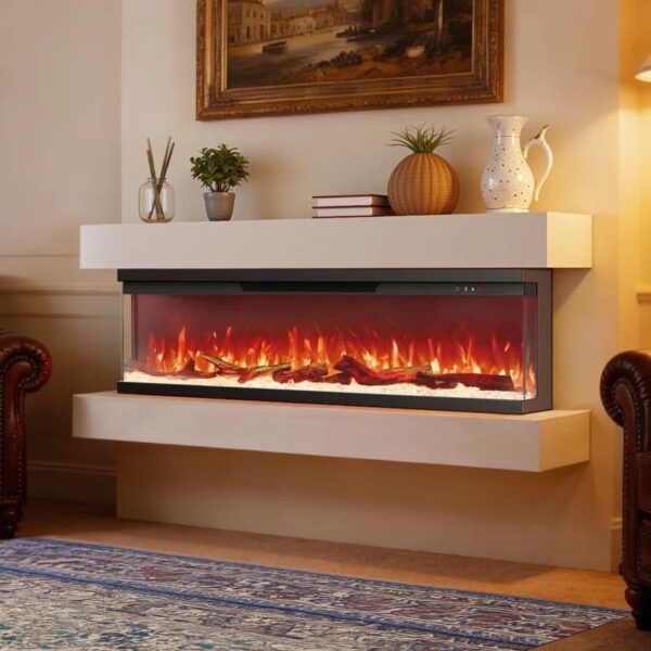 Chimenea eléctrica de 3 lados Silonn SLELF12B-50-US 50", 5110 BTU, 15 colores de llama, compatible con Alexa