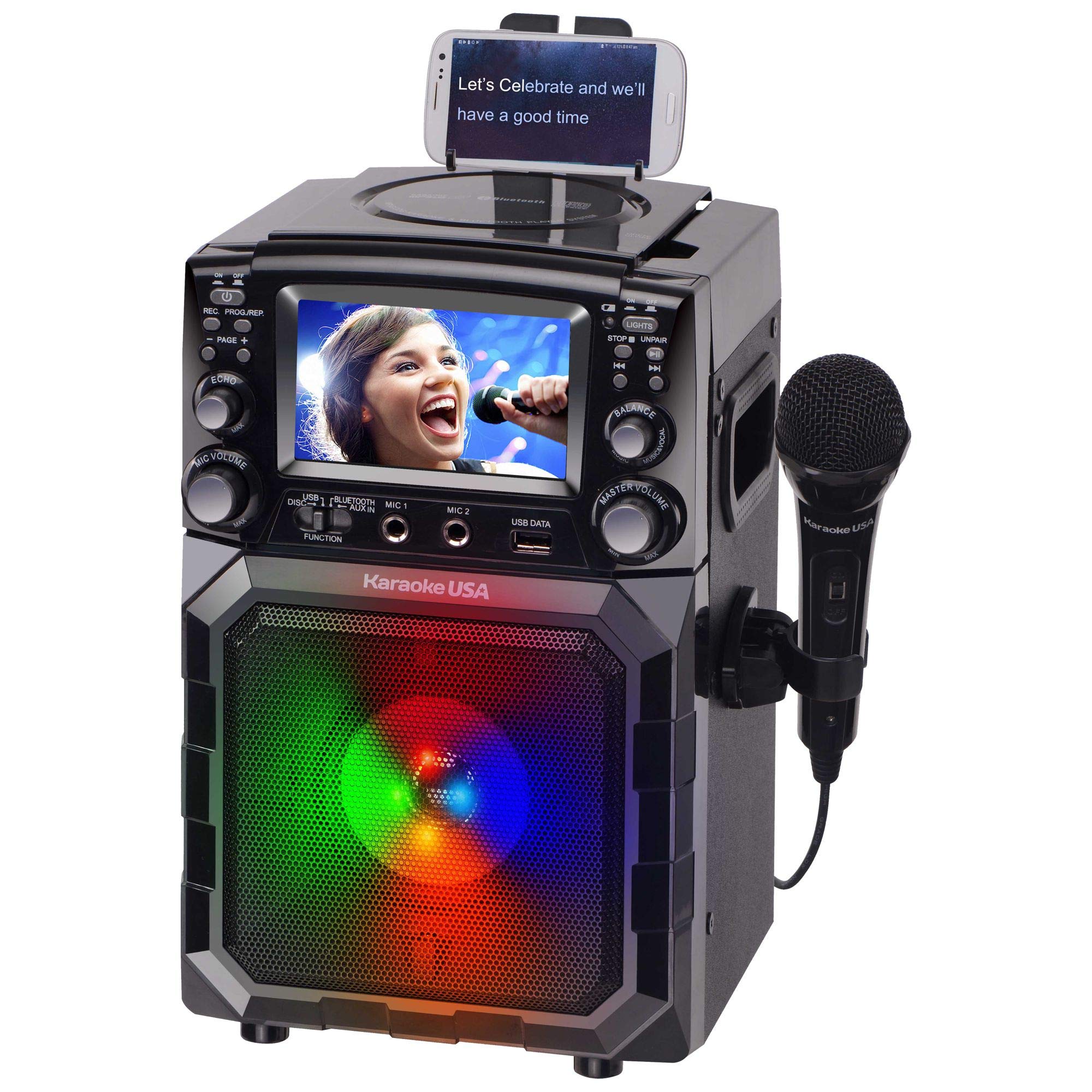 Máquina de karaoke portátil con pantalla de letras | Pantalla a color | CD+G, MP3+G y USB MP3 | Altavoz Bluetooth inalám