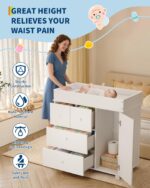 GarveeLife Cómoda para cambiador, cómoda de bebé con 3 cajones y un gabinete, estación moderna para cambiar pañales con