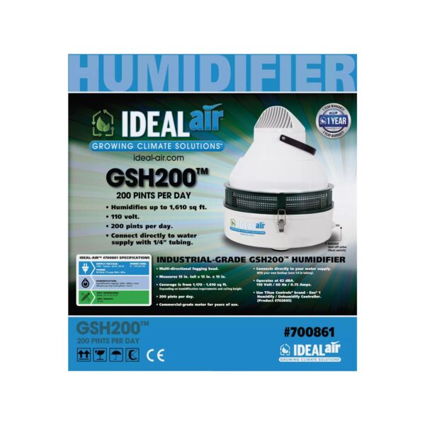 Humidificador Industrial Ideal-Air GSH200 200 Pintas/Día, Cobertura 1170-1610 pies², Motor Comercial, Conexión Directa a