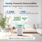 Deshumidificador Yaufey JD026R-150PM 150 pintas Energy Star bomba manguera 7500 pies cuadrados control inteligente humed