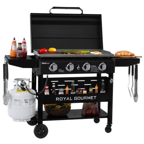 Plancha de Gas Royal Gourmet GB4000PB con Tapa 4 Quemadores Estantes Laterales Plegables 52000 BTU Encendido Electrónico