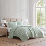 Juego de edredón floral Martha Stewart Revman International A0011112 100% algodón King 3 piezas pájaro francés verde