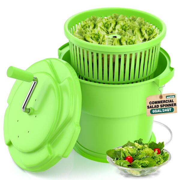 WantJoin Commercial Salad Spinner - [6 Gallon Salad Dryer] w/Silicone [Anti-slip Mat] & [Draining Hose], 24Qt Manual Sal