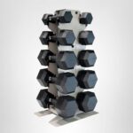 CAP Barbell Juego de mancuernas hexagonales con revestimiento de goma con estante vertical, juego de mancuernas de 100 a