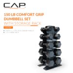 CAP Barbell Juego de mancuernas hexagonales con revestimiento de goma con estante vertical, juego de mancuernas de 100 a