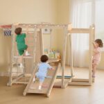 OLAKIDS Gimnasio de la selva para interiores, juguetes Montessori de madera para escalada para bebés 9 en 1 con rampa aj
