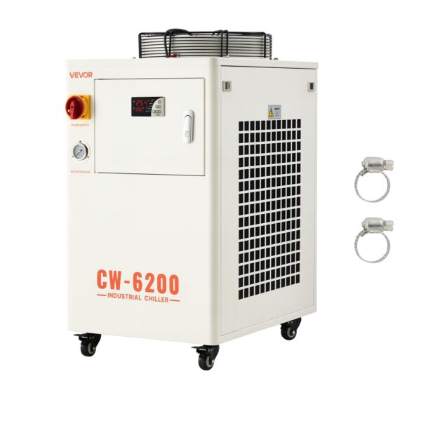 Enfriador de agua industrial Chiller VEVOR CW6200 con compresor 17060 BTU capacidad de tanque 3.96 galones caudal de 18.