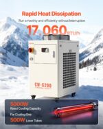 Enfriador de agua industrial Chiller VEVOR CW6200 con compresor 17060 BTU capacidad de tanque 3.96 galones caudal de 18.