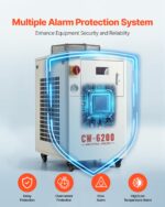Enfriador de agua industrial Chiller VEVOR CW6200 con compresor 17060 BTU capacidad de tanque 3.96 galones caudal de 18.