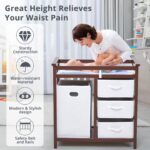 GarveeHome Moderna mesa cambiadora para bebé con cesta de lavandería y 3 cajones, cómoda de madera maciza para cuarto de