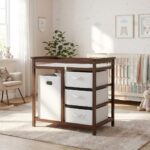 GarveeHome Moderna mesa cambiadora para bebé con cesta de lavandería y 3 cajones, cómoda de madera maciza para cuarto de